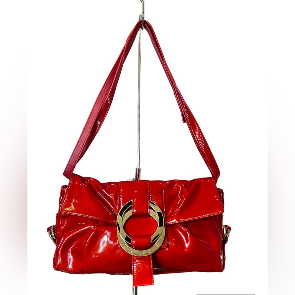 Bvlgari Patented Leather Shoulder Handbag Hobo Red